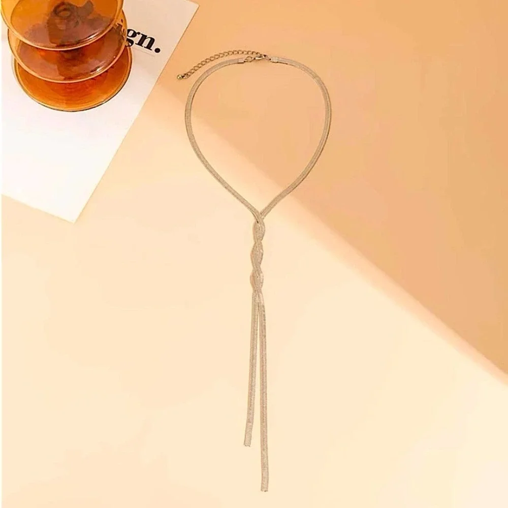 Y Lariat Sterling Silver Twisted Tassel Herringbone Flat Necklace - Picture 6 of 7